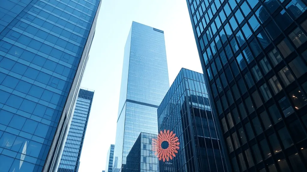 A high-angle architectural shot of glass skyscrapers in a fi