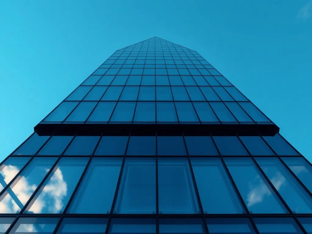 High-angle architectural photo of a modern glass office buil