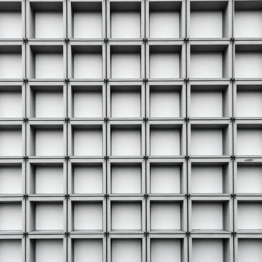 A minimalist black and white photograph of a grid-like archi