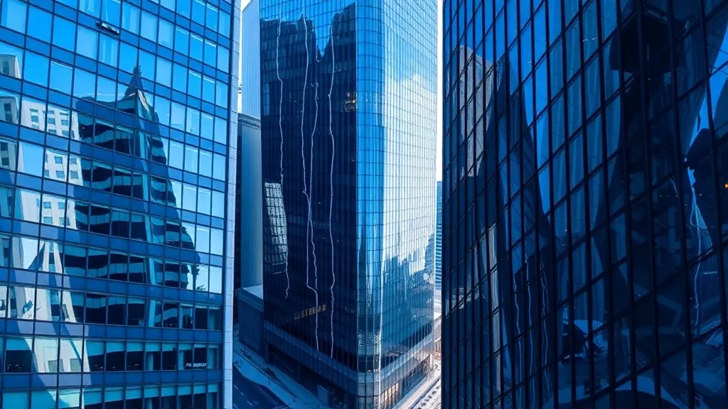 A high-angle architectural shot of modern commercial glass b