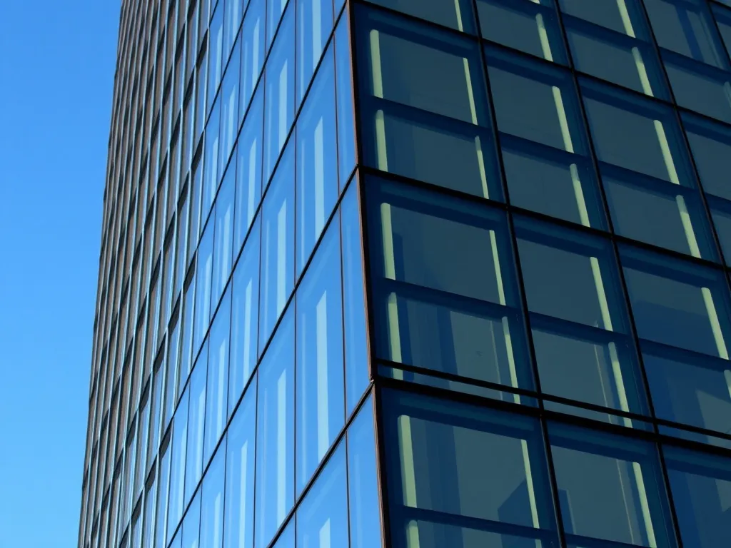 A sharp architectural photograph of a modern financial distr